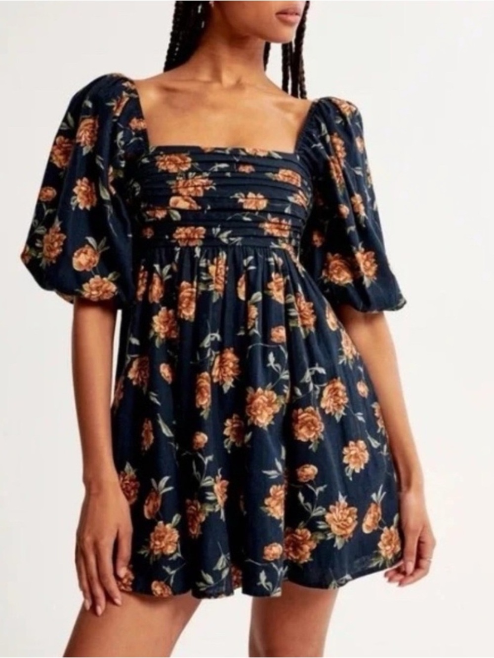 Abercrombie & Fitch Linen Blend Floral Babydoll Mini Dress Puff Sleeve S